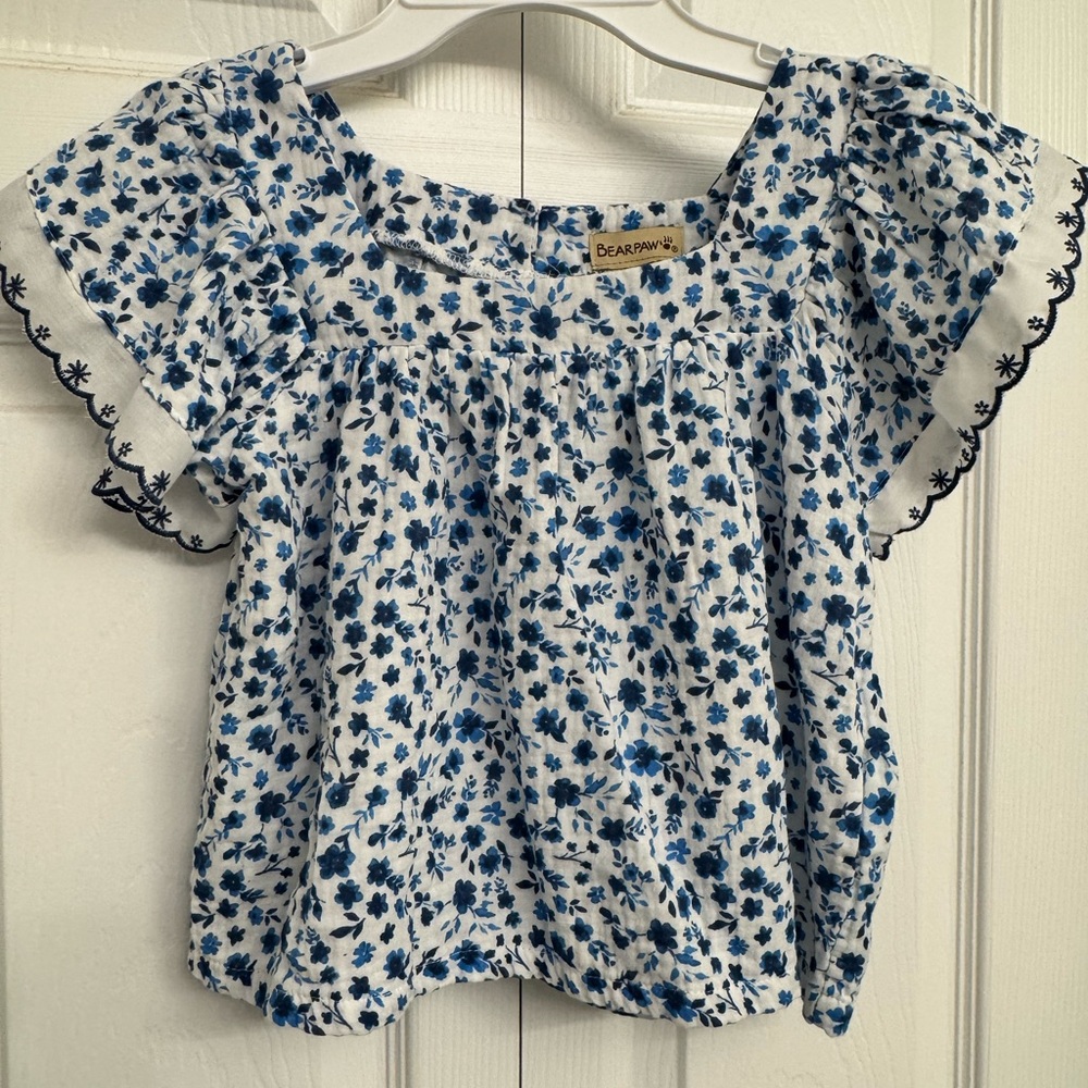 Bearpaw Top & Shorts Matching Set Girls Blue Floral Embroidered Size 7/8